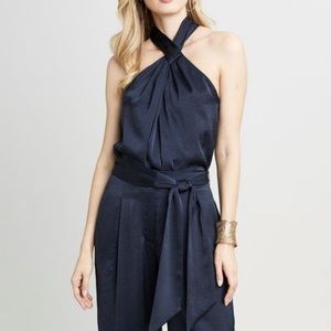 Elie Tahari set with leg navy satin pants and matching halter. Never worn.